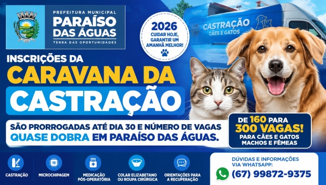 Inscrições da Caravana da Castração 2026 são prorrogadas e número de vagas quase dobra em Paraíso das Águas
