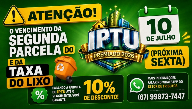 Prefeitura alerta para vencimento da 2ª parcela do IPTU e da Taxa de Coleta de Lixo nesta sexta-feira (10)