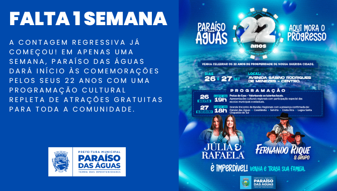 Falta uma semana para Paraíso das Águas celebrar 22 anos com shows e programação cultural